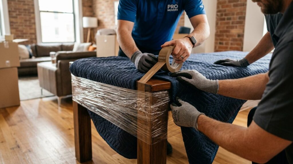 Close-up of professional movers wrapping a wooden dining tab