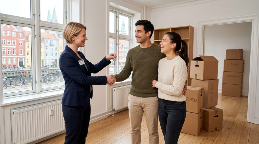 Young professional couple standing in an empty apartment rec