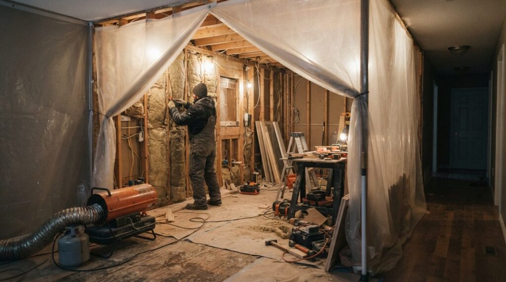 Wide shot of a winter renovation site in a residential home,