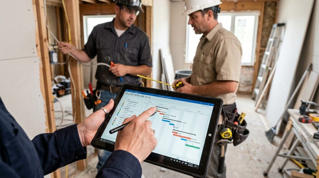 Close-up of project managers hands pointing at Gantt chart 
