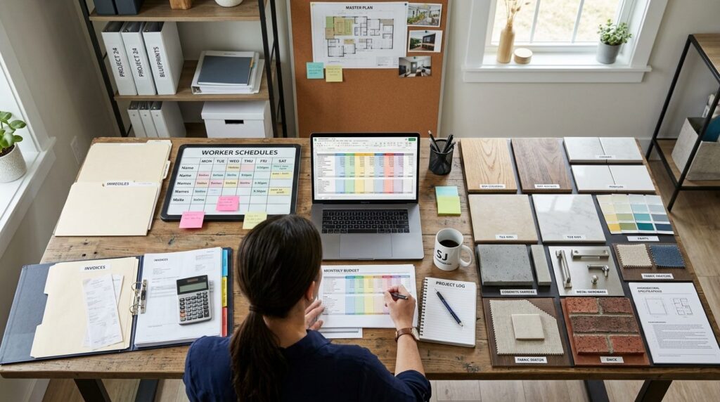 Overhead view of construction project coordinator at desk wi