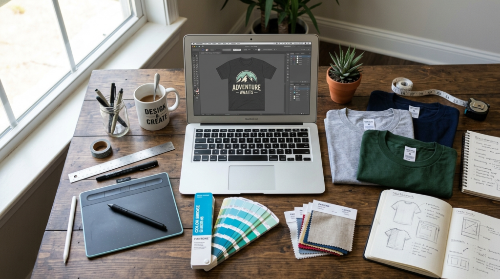 Close-up overhead flat lay of blank t-shirt templates, color