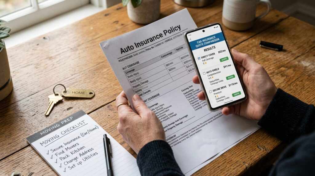Close-up of hands holding a car insurance policy document an