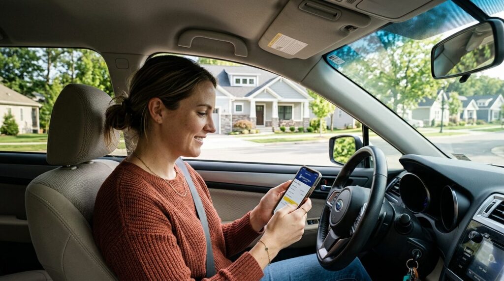 Wide shot of a woman sitting in a car with a residential nei