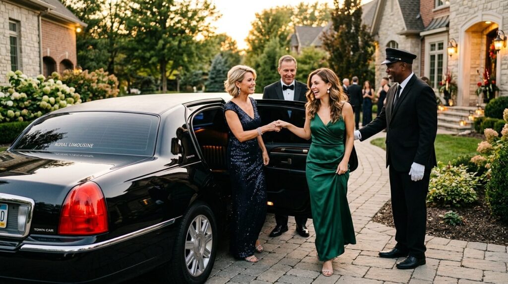 Close-up of a sophisticated party host and guests stepping o