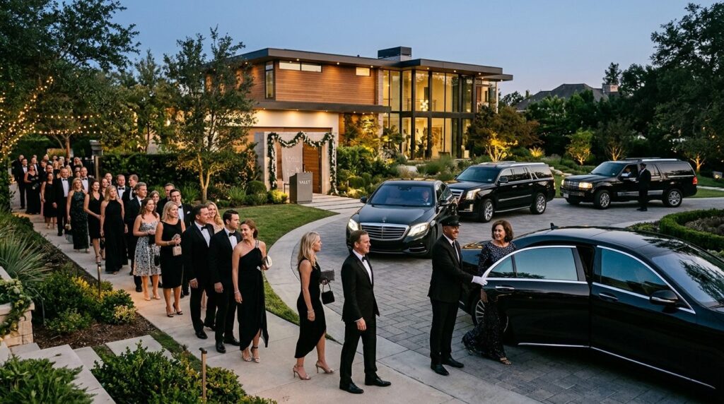 Wide shot of multiple well-dressed guests lined up on a resi