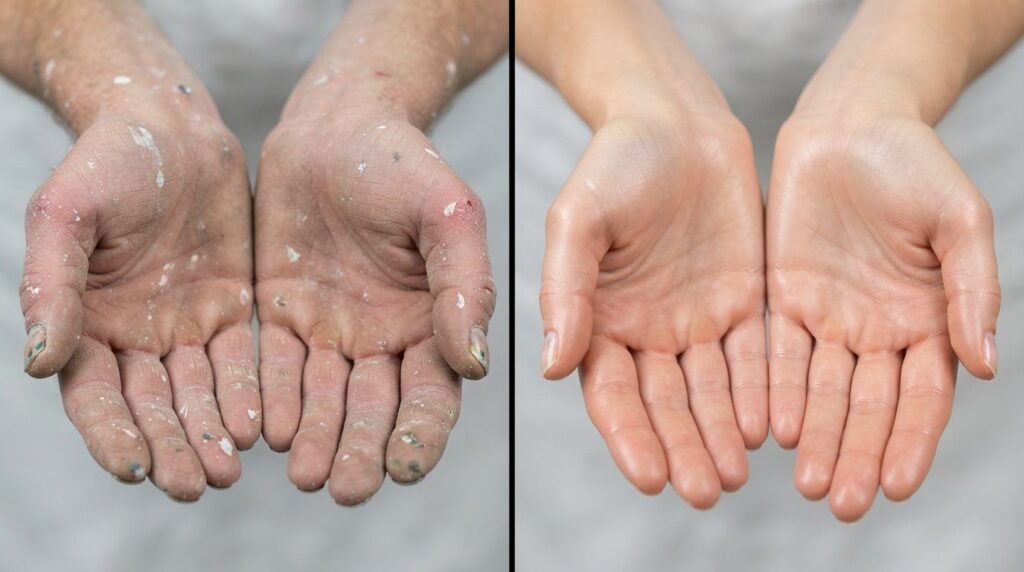 Split-screen before and after comparison of dry damaged hand