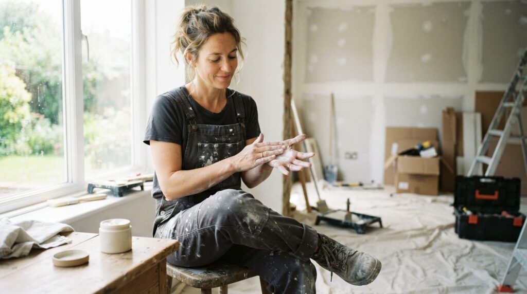 Homeowner in casual work clothes taking a break from renovat