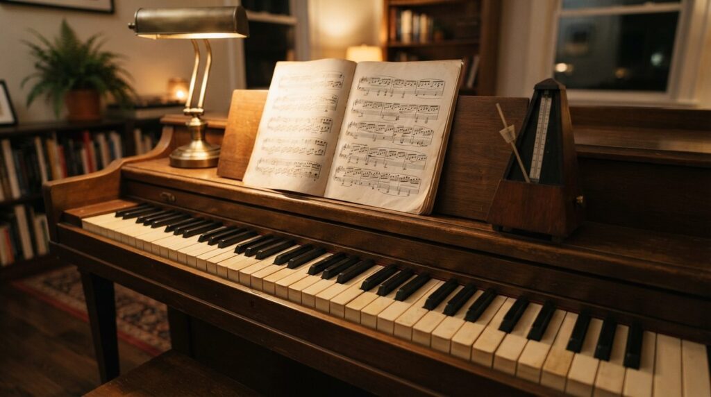Close-up professional photograph of a piano keyboard in a ho
