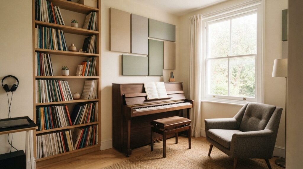 Interior design photograph of a compact home studio space wi