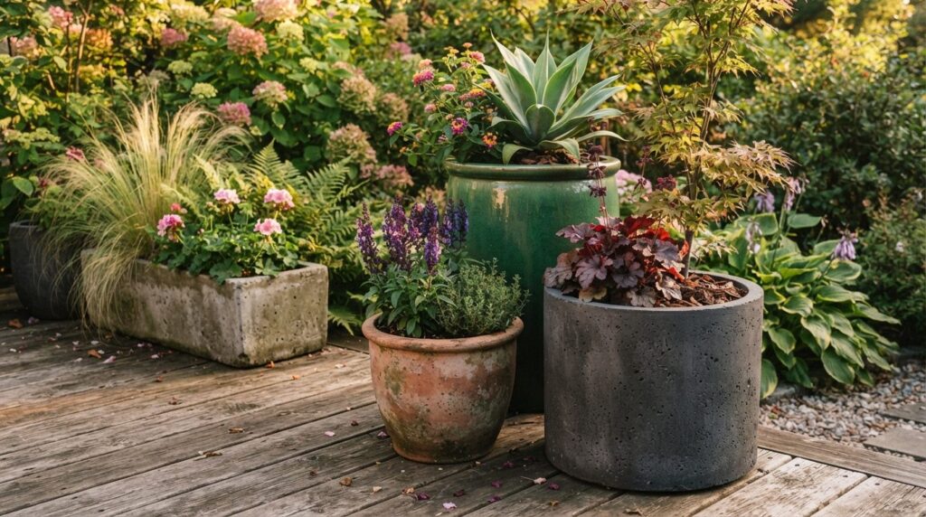 Close-up detail shot of luxury garden planters in various si