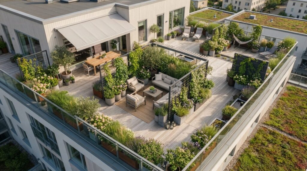 Overhead view of a renovated residential terrace with strate