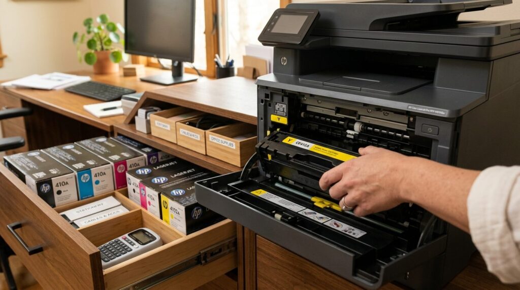 Close-up detail shot of a toner cartridge being properly ins