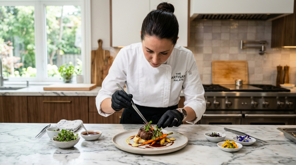 Close-up of a professional caterer in white chefs attire pl