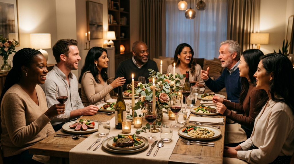 Intimate home celebration with diverse guests gathered aroun