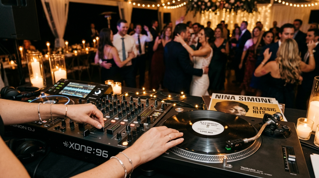 Close-up of a skilled DJs hands operating professional mixi