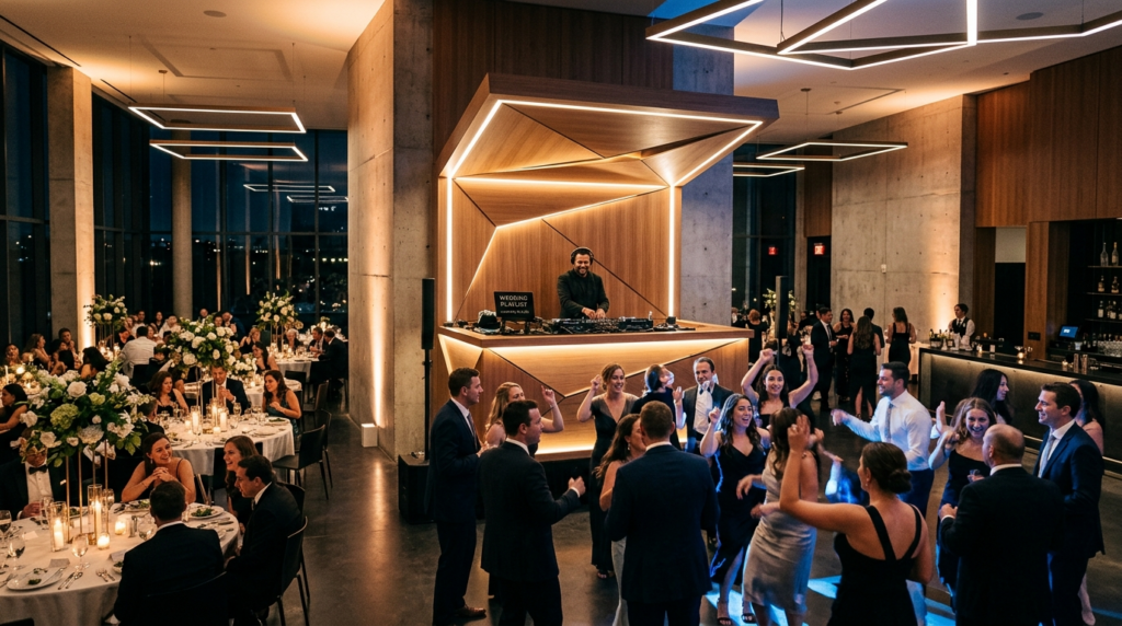 Wide shot of a modern wedding reception space with DJ booth 