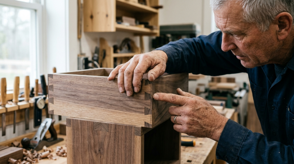 Close-up detail shot of master craftsmans hands examining c