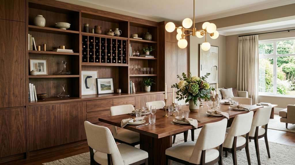 Elegant residential dining room with custom-built wooden cab