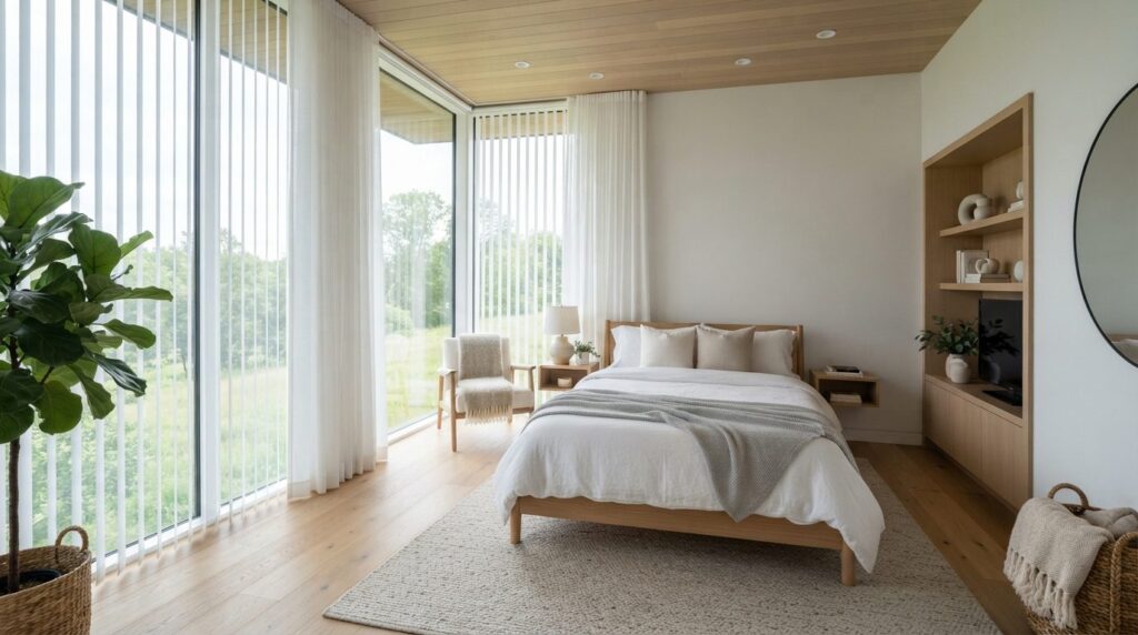 Wide-angle interior shot of a contemporary bedroom with expa