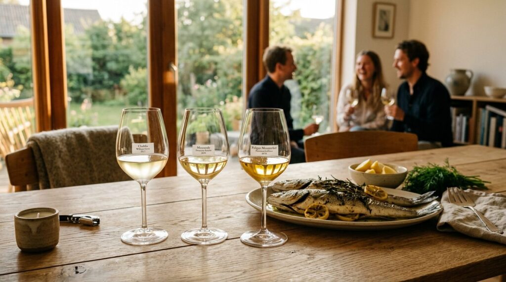 Sophisticated home entertaining scene showing three glasses 