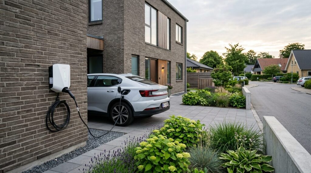 Wide-angle photograph of a residential electric vehicle char