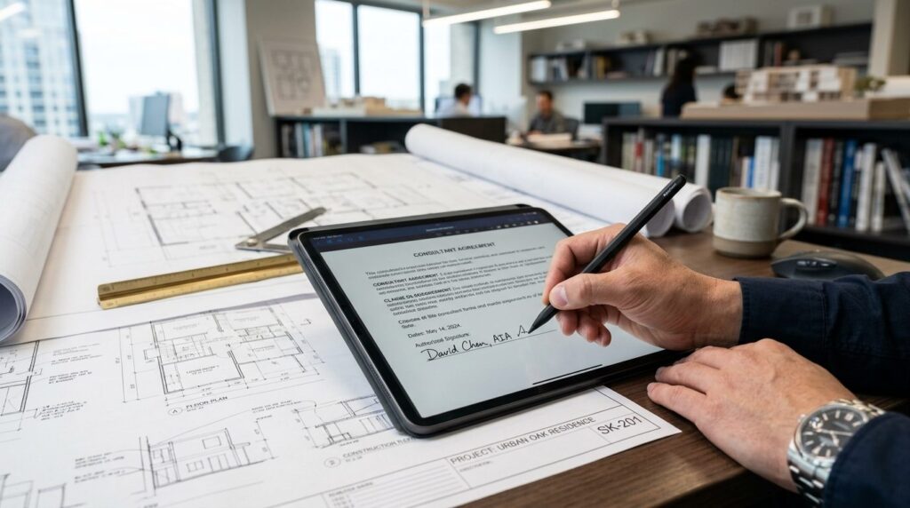 Close-up of architects hands signing digital document on ta